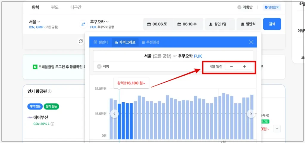 네이버 항공권 추천일정 일자선택